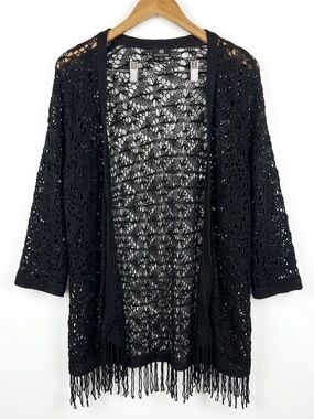 Curations HSN Crochet Duster Cardigan XL Black Open Front Fringe Kimono Cowgirl